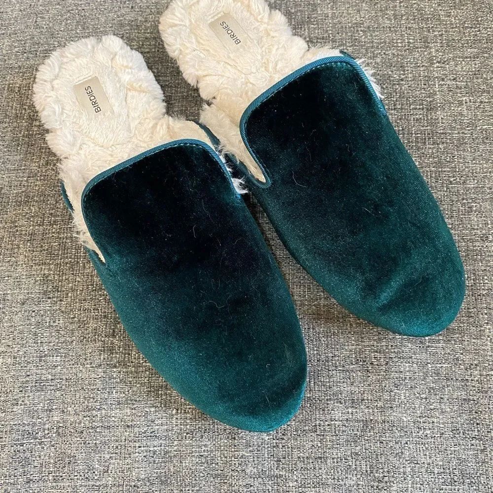 Birdies Phoebe Emerald Green Velvet Slide Vegan Faux Fur Size 8